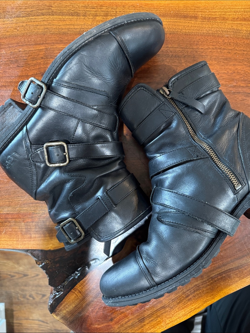UGG Moto Black Leather Buckle Ankle Boots Size 12 - Picture 3 of 11